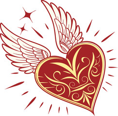 Heart shaped icon, vibrant red, golden accent, angelic wings, symmetrical design