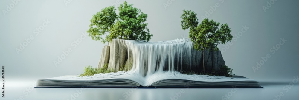 Poster creative waterfall cascades from book with pages as cliffs illustrating nature knowledge in a serene