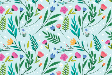 Flower leaves and berries Hand Drawn Flat Pattern