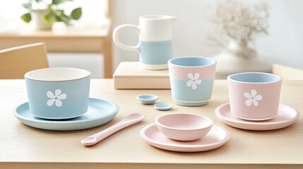 Fototapeta premium Pastel-colored children's tea set on wooden table