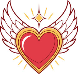 Heart shaped icon, vibrant red, golden accent, angelic wings, symmetrical design