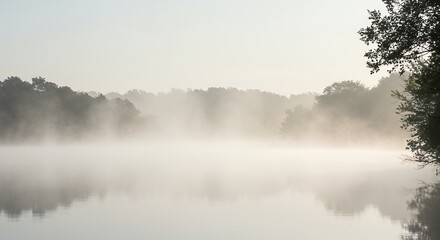 Misty morning over calm lake tranquil landscape