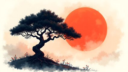 
A high-quality aesthetic -style illustration with blurry  background, Old  bright  tree in black with dense leaves, in the background a red sun in  korean  style. The design is  for t shirts