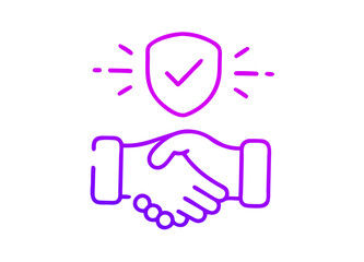 Hands Shaking with Shield and Checkmark, Purple Line Drawing Vector Icon