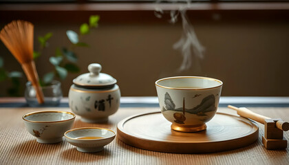 Fototapeta premium Elegant Japanese Tea Ceremony Setup with Steaming Tea Cup and Traditional Utensils