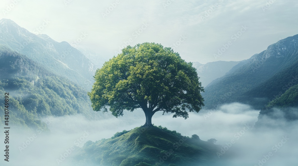 Poster creative tree formation blending into mountains and misty woods for a harmonious nature experience g