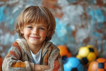 Fototapeta premium Cheerful young boy with tousled hair smiles joyfully among colorful soccer balls indoors
