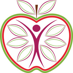 Abstract apple logo, stylized human figure, vibrant colors, minimalist design, organic shapes