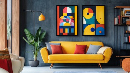 Interior with vibrant artwork, a mustard sofa, indoor plant, and a warm, welcoming atmosphere