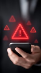 Alert notification on smartphone held by businessman indicating potential risk or danger in digital communication technology concept