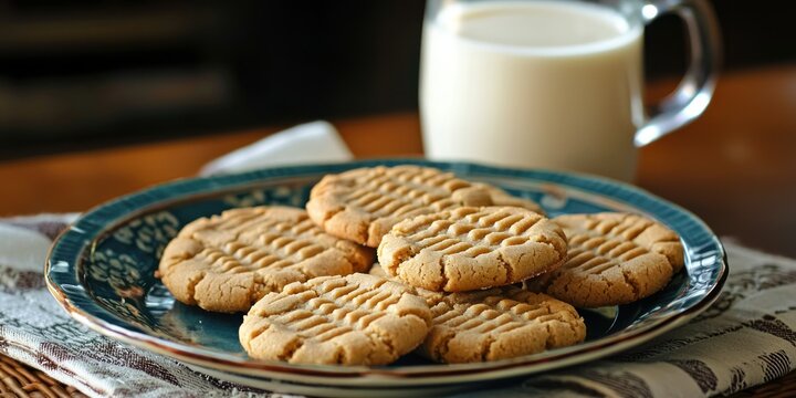 A plate of classic peanut butter cookies with the signature crisscross fork pattern, served with a glass of milk