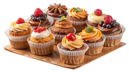 Assortment of delicious looking gourmet cupcakes with various toppings on paper.