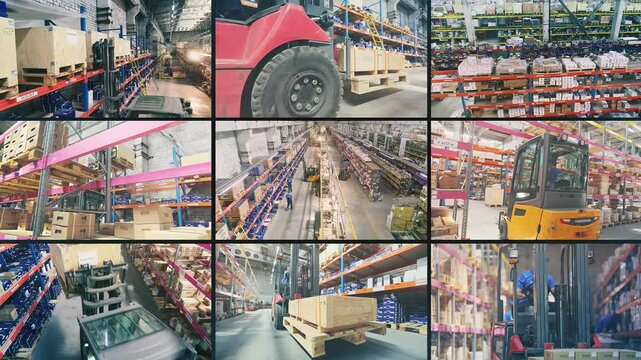Concept of warehouse logistics and warehouse management. Inventory and warehouse management. Multiscreen, background. Order picking in the warehouse. Working on a large modern warehouse video wall.