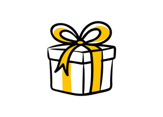 White Gift Box with Yellow Ribbon and Bow, Minimalist Illustration Vector Icon