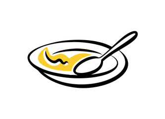 Plate with Yellow Sauce and Spoon, Minimalistic Illustration Vector Icon