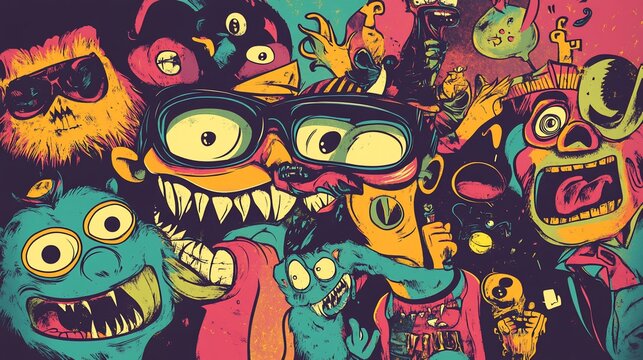 A vibrant, colorful explosion of cartoon monsters and whimsical characters