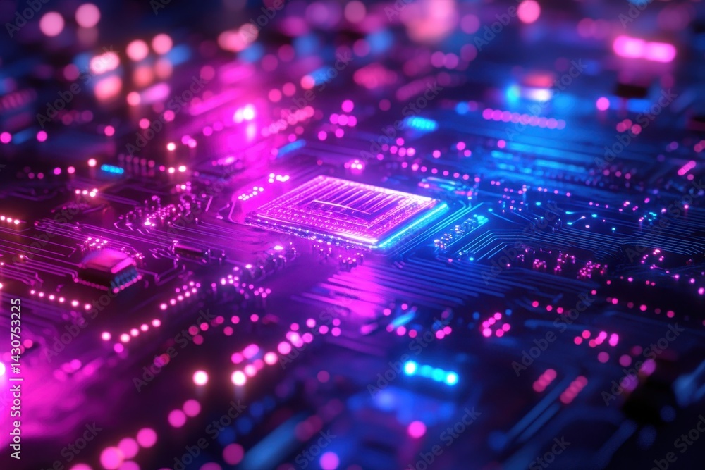 Poster colorful circuit board with vibrant lights and a central microchip in a modern technological setting