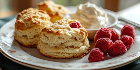 A plate of golden raspberry scones with a crumbly texture, served with a side of clotted cream and fresh raspberries