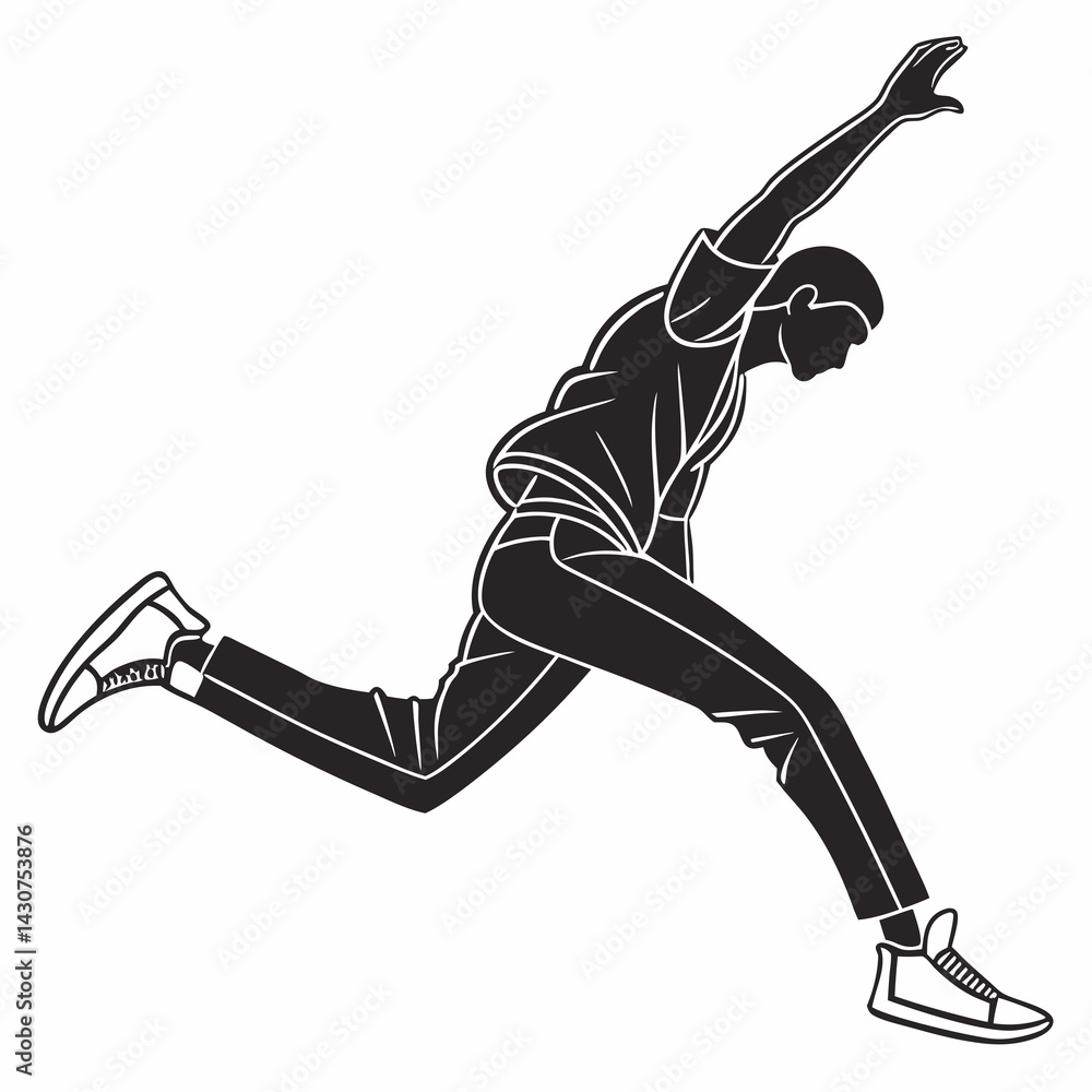 Poster silhouette of a stylish man in dynamic jumping pose on white background