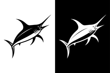 Marlin Fish Silhouette Vector Icon Black & White Background.