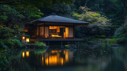 Obraz premium Tranquil Japanese garden house at night