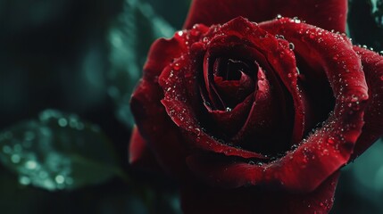 Deep red rose with water droplets