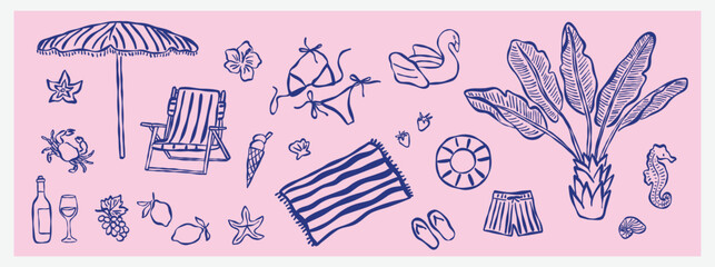 Whimsical collection of summer beach elements. Vector minimalistic hand drawn illustration.