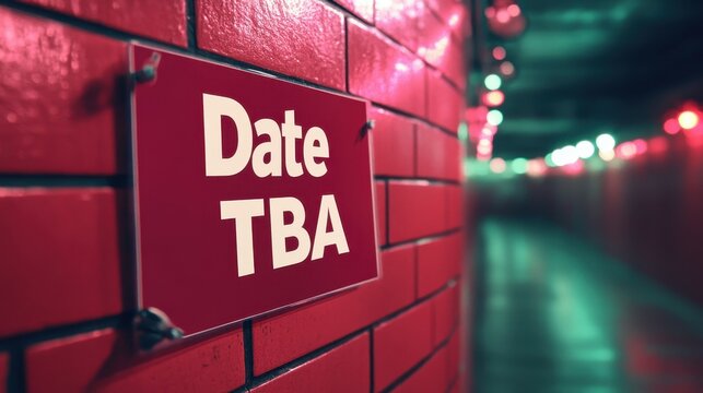 Sign on a Wall Indicating an Event Date To Be Announced in a Public Space with a Red Brick Background