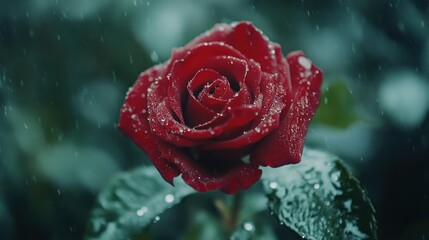 A vibrant red rose, glistening with raindrops and snowflakes, in a wintery garden