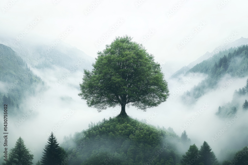 Poster creative tree shape merging with mountains and misty woods in a serene natural landscape generative 