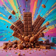 Vibrant and energetic scene: chocolate bars exploding against a colorful pop art backdrop with cookie crumbs