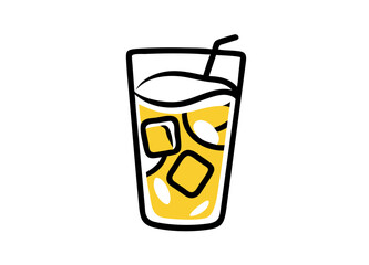 Refreshing Yellow Drink in a Glass with Ice Cubes and Straw, Minimalist Illustration Vector Icon