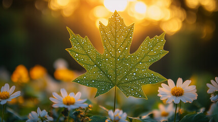 Vibrant green leaf with dewdrops amidst blooming wildflowers, symbolizing nature's beauty and environmental harmony.