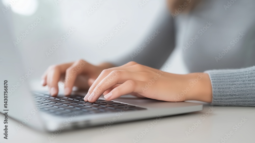 Poster hands typing on a laptop keyboard in a bright workspace, showcasing productivity and focus in a mode