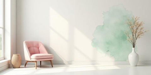 Serene Interior Design Featuring a Pink Armchair, Neutral Decor, and a Mint Watercolor Accent Wall