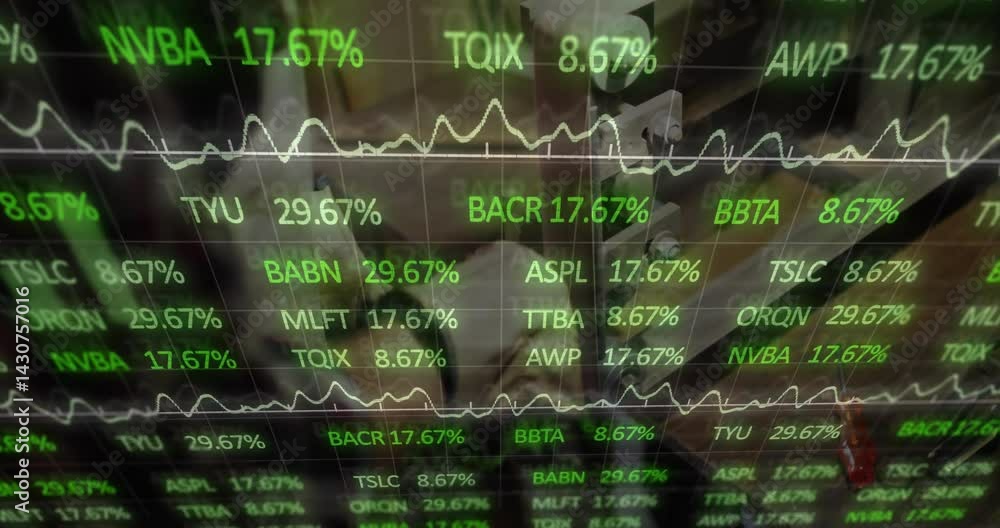 Poster trader monitoring finance ticker overlay showing green percentages and line graphs over wooden desk