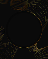 Festive advertising dark vector illustration background with golden wave lines and round sparkle banner