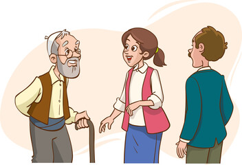 Old man with a cane talking to a man and woman vector illustration.