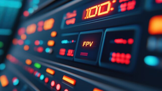 Detailed close-up of an advanced drone control panel showcasing illuminated buttons and telemetry data display, including "FPV" for enhanced operational insights.
