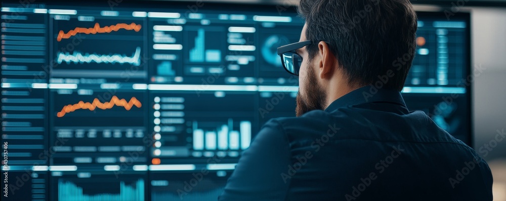 Poster professional analyzing data on a large screen display.