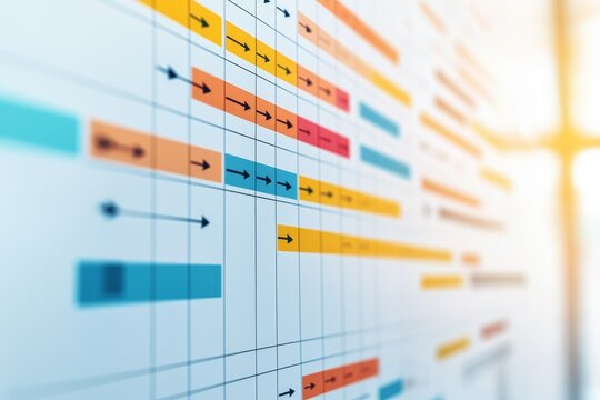 Project management flowchart with colorful timelines and arrows.