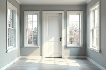 Serene sunlit interior room with three windows and a white door, showcasing minimalist design and natural light