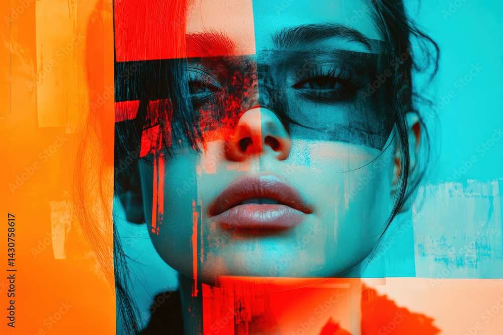 Poster abstract portrait with color overlay. this artistic close-up presents a woman's face with overlaid c