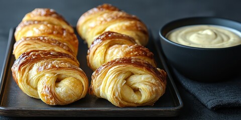 Fototapeta premium a puff pastry twists with a crispy, flaky texture, placed on a serving tray with a dip bowl on the side