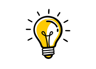Vector Illustration of a Yellow Light Bulb with Black Outlines and Emitting Light