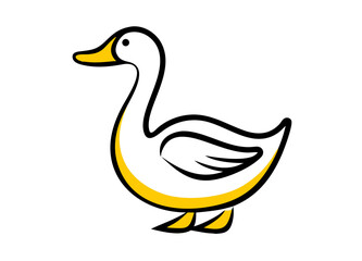 Vector Illustration of a Cartoon Duck with Black Outline, Yellow Beak, and Feet
