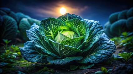 Obraz premium Low Light Cabbage Garden Photography: Nighttime Vegetable Patch Images, Dark Green Cabbage Leaves, Moody Garden Scene