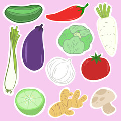 Colorful Vegetable Sticker Set: Cute Cartoon Illustrations of Cucumber, Chili, Daikon Radish, Leek, Eggplant, Cabbage, Garlic, Tomato, Lime, Ginger, and Mushroom for Food and Cooking Themes