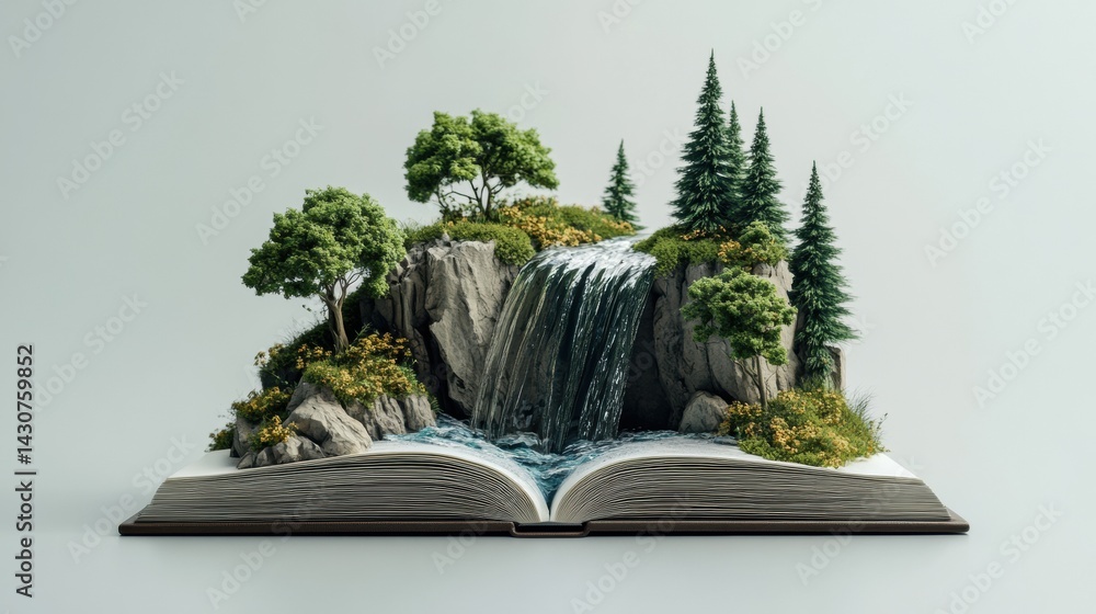 Poster creative waterfall flowing from open book with pages as cliffs and nature elements in a serene lands