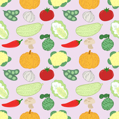 Colorful Vegetable Pattern with Pumpkin, Tomato, Garlic, Edamame, Chili, Mushroom, Lime, Lettuce, and Cucumber on Light Purple Background